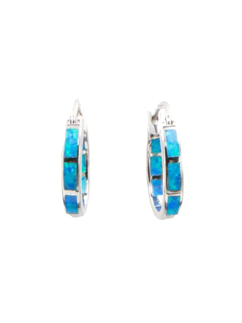 Sterling Silver 3/4 Inch Lab Created Blue Opal In and Out Hoop Earrings